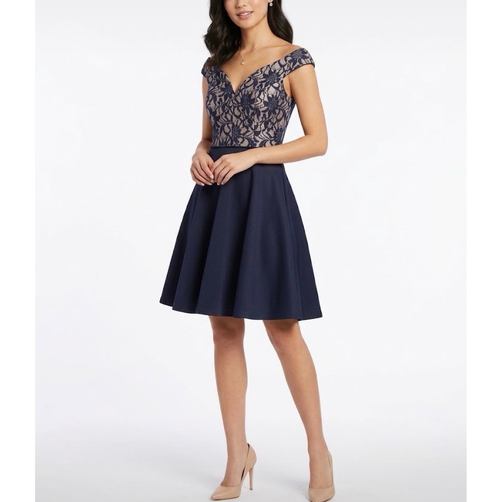 City Studio Navy Blue Lace Off Shoulder Fit Flare Cocktail Dress Size 3